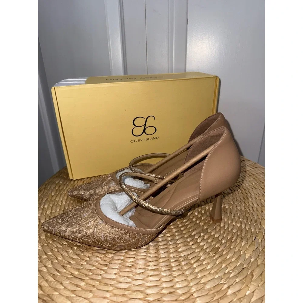Cosy Island CharmElle Sparkle Pointed Toe Heeled Pumps Lace Apricot size 9.5‎